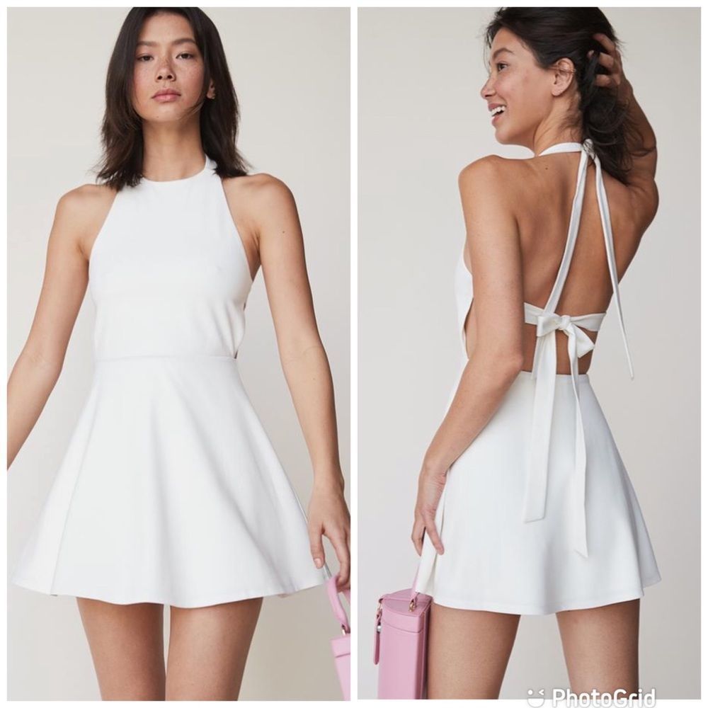 LPA Halter Neck Mini Dress Backless Tie Stretch Revolve 261 White Ivory Small
